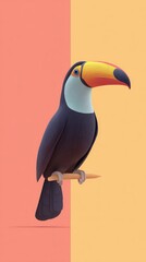 Fototapeta premium Colorful Toucan Perched on Branch with Orange and Yellow Background.