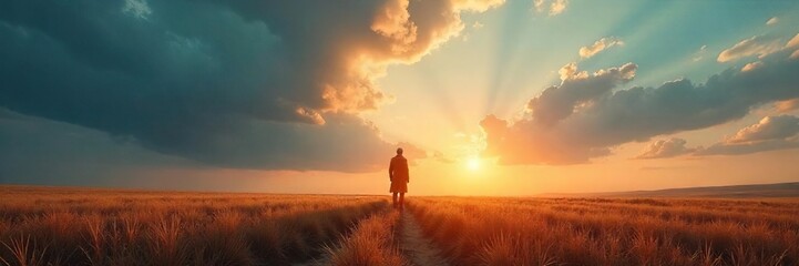 Fototapeta premium Solitary Figure in Vast Field Under Dramatic Sky A Journey of Contemplation and Freedom