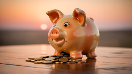 Golden Sunset Savings A Piggy Bank Overflowing with Coins against a Serene Sunset Backdrop Capturing Financial Security and Savings