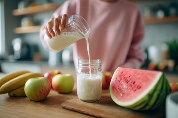 Woman pouring healthy fruit smoothie into glass in kitchen
