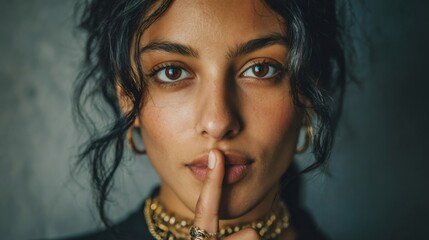 Obraz premium Woman shushing, keeping a secret, asking for silence