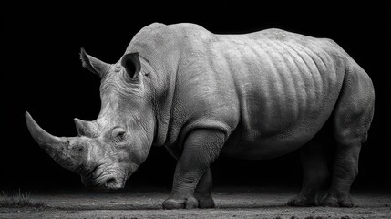 Contemplative White Rhinoceros, Standing Silhouette in Nights Veil Ideal for Emotional Campaigns and Wildlife Conservation Awareness.