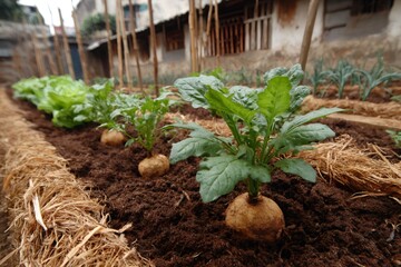 Urban community garden growing fresh organic vegetables and potatoes
