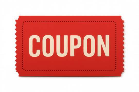 Red coupon ticket providing discount, sale promotion, saving money, shopping voucher, offer concept with transparent background