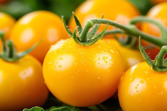 Fresh yellow cherry tomatoes with water drops on vine - Powered by Adobe