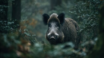 Majestic Wild Boar Standing Guard in a Dutch Forest, Perfect for Naturethemed Projects or Campaigns Inspiring Strength and Connection with the Natural World.