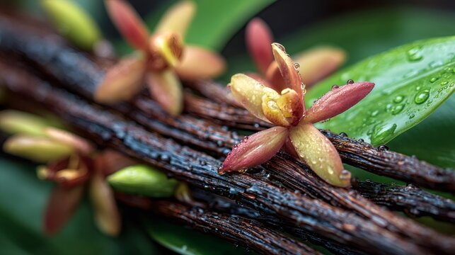Vanilla flowers blooming on beans with fresh dew drops - Powered by Adobe