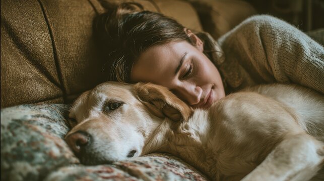 Woman Sharing Heartwarming Moment with Pet Dog on Comfy Couch, Captured in Soft, Warm Lighting Ideal for Social Media Campaigns, Lifestyle Branding and Emotional Projects. - Powered by Adobe