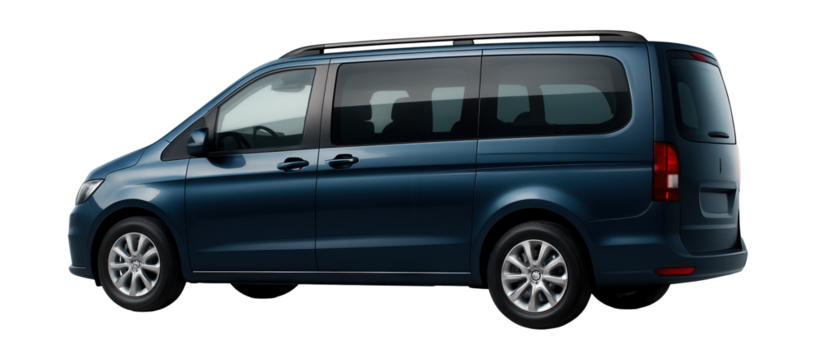 Extended van with spacious rear windows and roof rails.