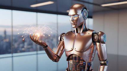 Futuristic robot holding network connections in a modern office space