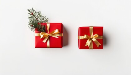 Minimalist Christmas scene with red gift box and golden ribbon on white background, copy space on the right for text, top-down flat lay, soft natural light