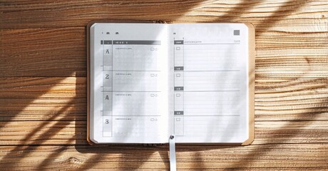 Open planner rests upon wood surface. Sunlight creates shadow patterns. Pages display daily schedule, notes section visible.