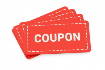 Stack of red coupons offering special discounts, deals, and promotions for online shopping during sale events