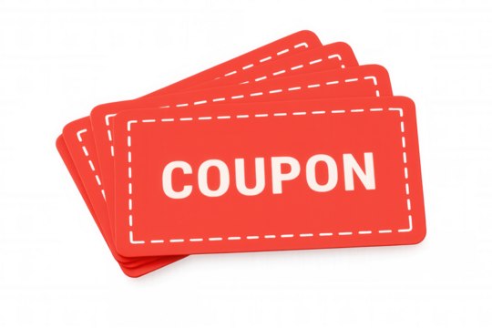 Stack of red coupons offering special discounts, deals, and promotions for online shopping during sale events
