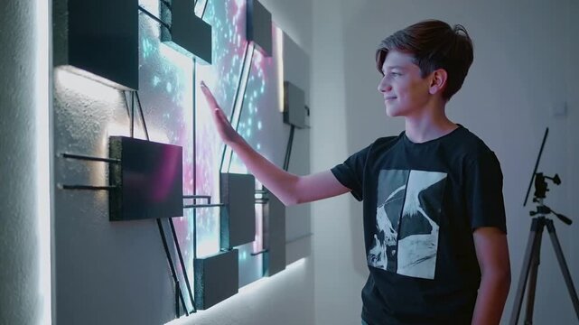 Boy interacting with modern interactive wall art