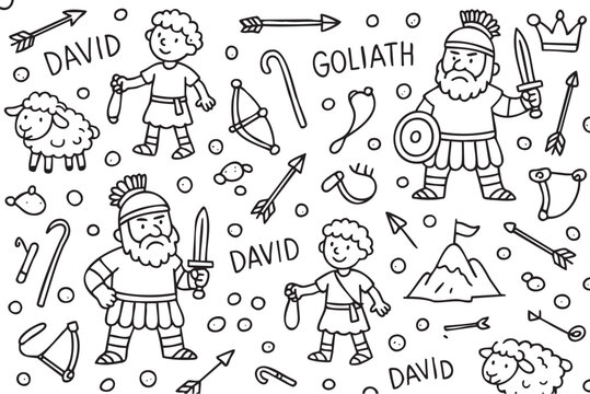 Biblical doodle: david and goliath in black and white cartoon style. Vector doodle illustration