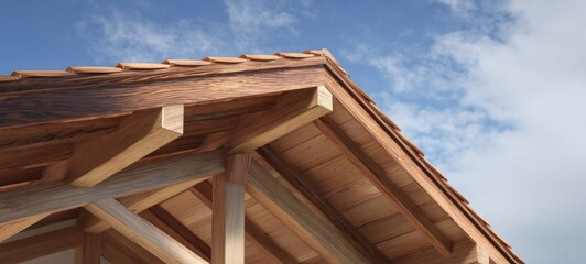 The wooden roof eaves of a timber-framed house with blue sky backdrop