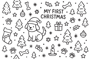 Obraz premium Line art christmas pattern with cute dog in santa hat and holiday elements. Vector doodle illustration