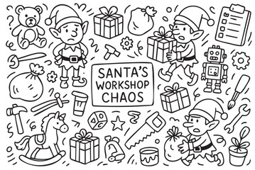 Santa's workshop chaos with busy elves and toys in christmas preparation. Vector doodle illustration