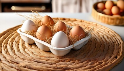 White Ceramic Egg Tray Holds Six Eggs Nestled In Straw Creating Rustic And Natural Presentation Tray Is Placed On Woven Mat With Blurred Background Of Kitchen Elements Adding Cozy Feel