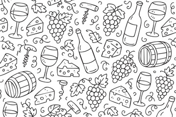 Wine and cheese pattern with bottles, grapes, glasses, cheese, and barrels. Vector doodle illustration