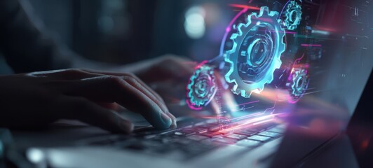 The Holographic Gear Interface Overlaying a Laptop Keyboard for Technology Concept