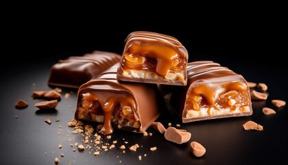 Chocolate Caramel Bars Some Bitten Delicious Treat On Black Background