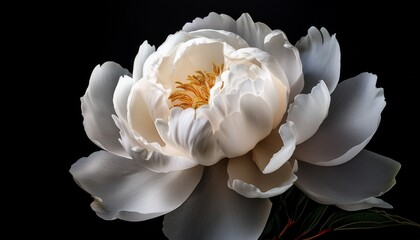 Beautiful White Peony Isolated On A Black Background