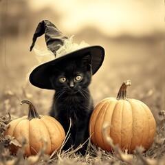halloween kitten with pumpkin vintage style 