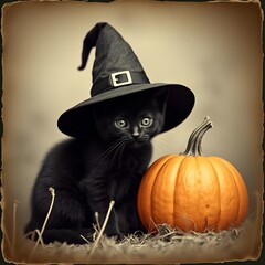 halloween kitten wearing a witch hat with pumpkin