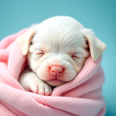 White puppy wrapped in blanket