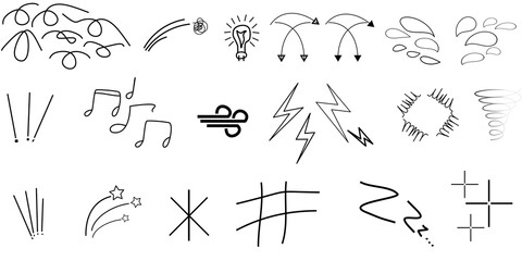 Hand-drawn elements. Speech bubbles, stars and swirls, lightning, and music sound minimal icons for comics and media. Manga hand-drawn set collection. Vector set 