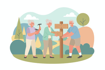 Seniors assembling a wooden signpost outdoors representing teamwork community and active retirement