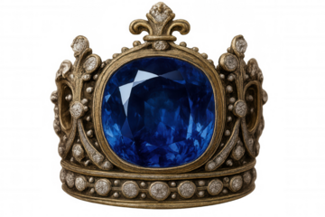 Ornate gold crown featuring a large blue sapphire gemstone and sparkling diamonds, symbolizing royalty and power