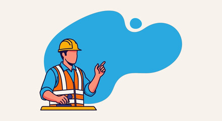 Construction worker in safety gear presenting or approving with copy space for text