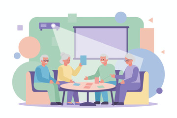 Engaged senior citizens enjoying a social gathering with a presentation or game promoting active aging