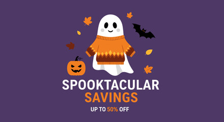 Cute ghost in sweater jackolantern autumn leaves and bat for a Spooktacular Savings Halloween sale banner