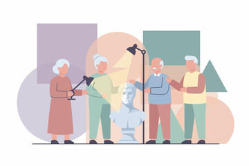 Seniors collaborating to illuminate an ancient bust exploring art and history