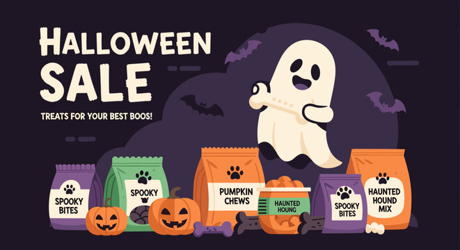 Halloween sale for pet treats and food featuring a friendly ghost pumpkins and bats Great for holiday promotions