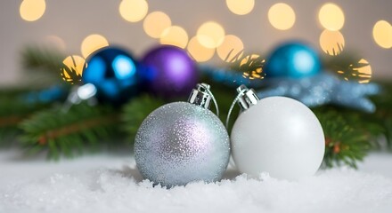 Silver and White Christmas Balls with Snowy Bokeh