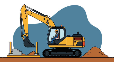 Excavator with operator at a construction site heavy machinery at work building and development concept