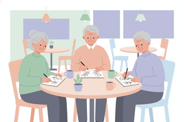 Seniors drawing together at a table enjoying a creative hobby and social engagement