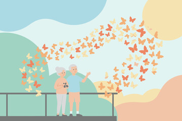 Happy senior couple observing a vibrant butterfly migration Relaxing outdoor activity retirement lifestyle
