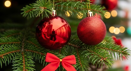 Red Christmas Ornaments with Bow on Tree