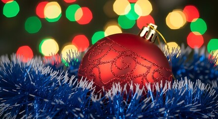 Red Christmas Ornament with Tinsel and Colorful Lights