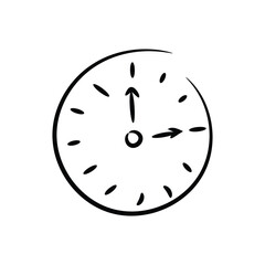 Hand-drawn clock icon showing time with simple doodle style &mdash; minimalist line art wall clock illustration symbolizing time management, punctuality, schedule, and productivity for design and decoration
