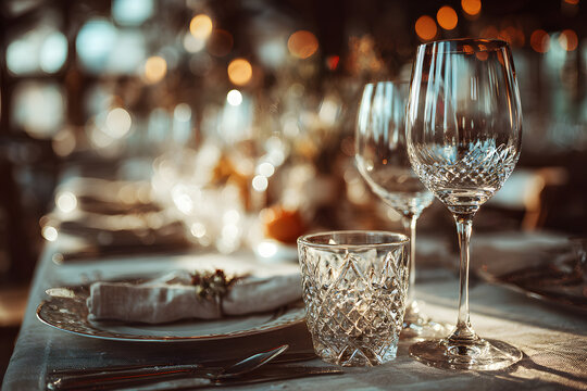 Elegant table set up for a romantic dinner. Concept of catering, hospitality and private dining. Selective focus on the glassware. - Powered by Adobe