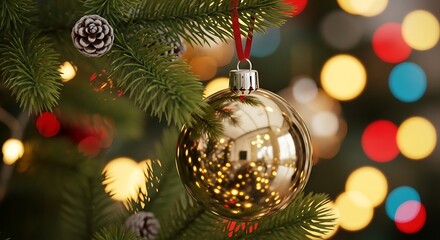 Golden Christmas Ball with Soft Bokeh Lights