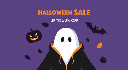 Halloween sale illustration with ghost carved pumpkin bat and falling leaves on purple Seasonal event promotion