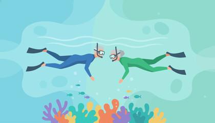 Active senior couple snorkeling over a vibrant coral reef enjoying a healthy retirement and tropical vacation